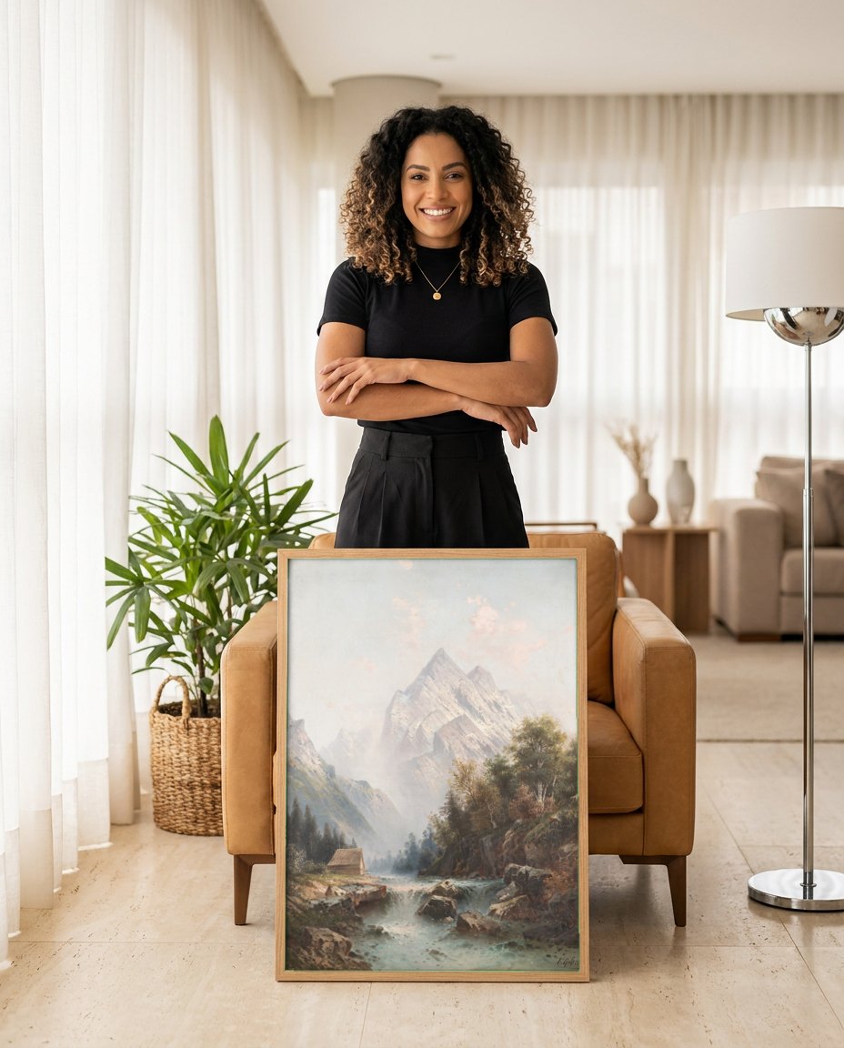 Quadro Decorativo Paisagem Alpina com Cabana - Karl Kaufmann | modelo apresentando o quadro emoldurado