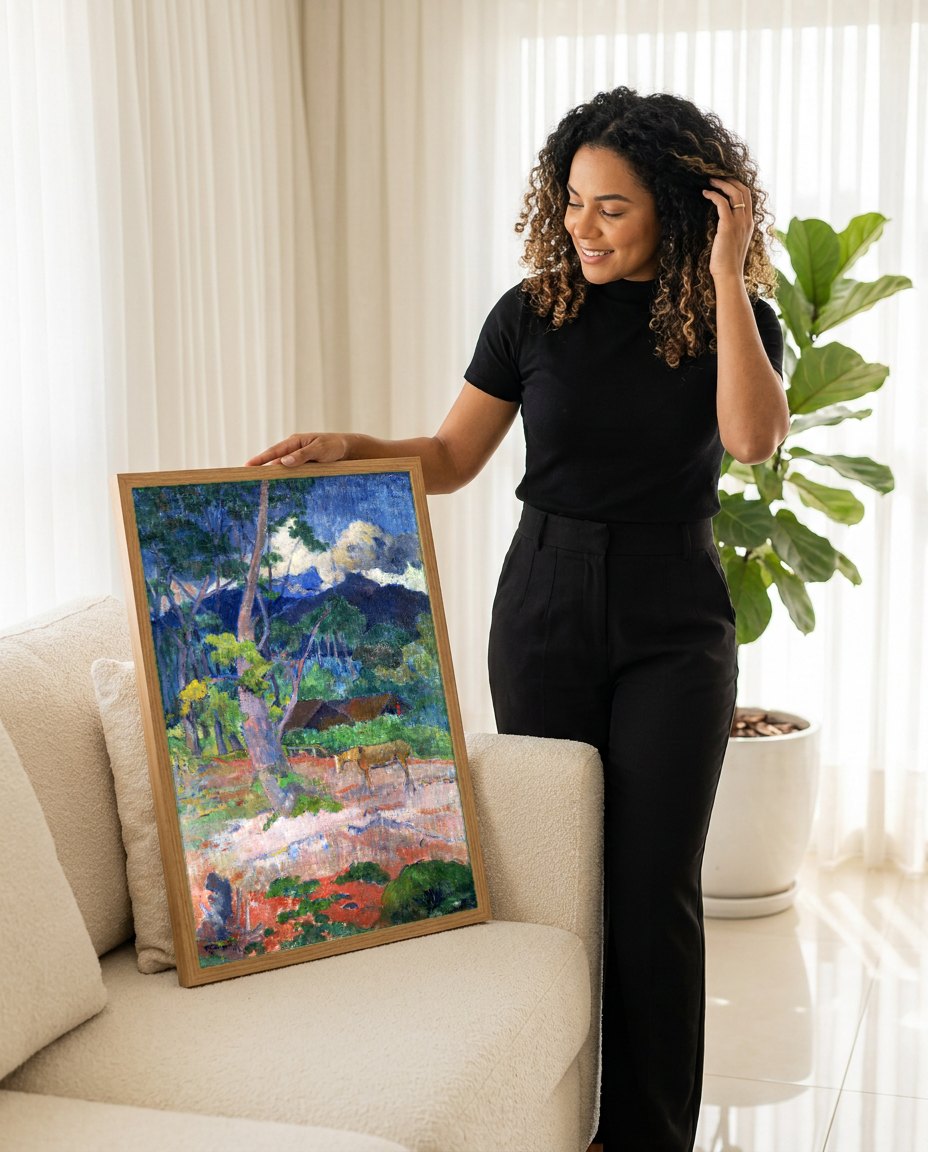 Quadro Decorativo Paisagem com Cavalo - Paul Gauguin | modelo apresentando o quadro emoldurado