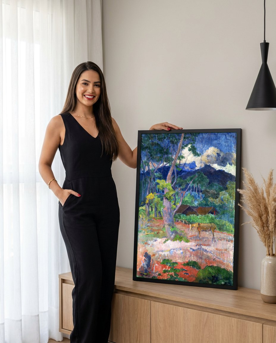 Quadro Decorativo Paisagem com Cavalo - Paul Gauguin | modelo apresentando o quadro emoldurado