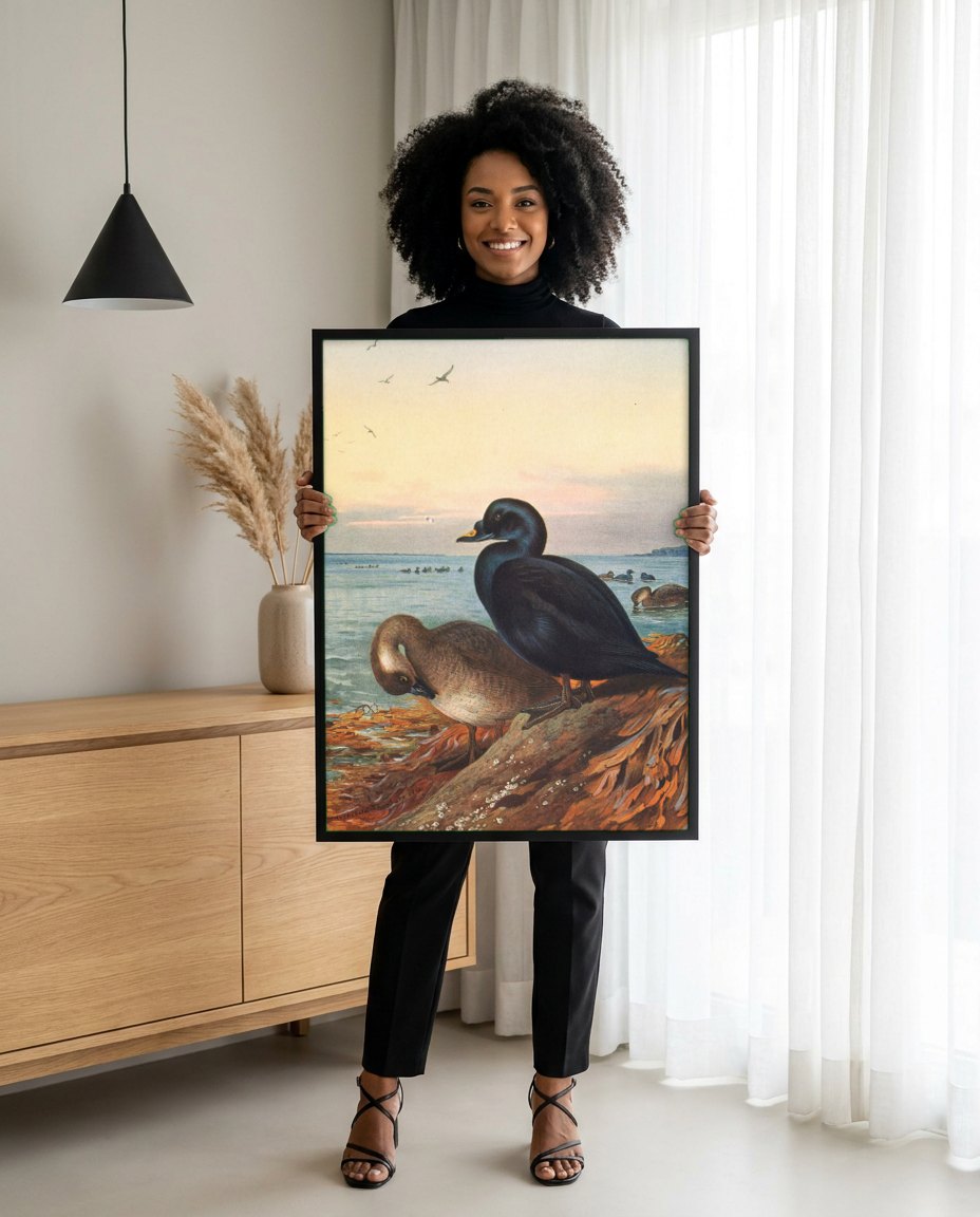 Quadro Decorativo Patos-Marinhos ao Entardecer - Thorburn | modelo apresentando o quadro emoldurado