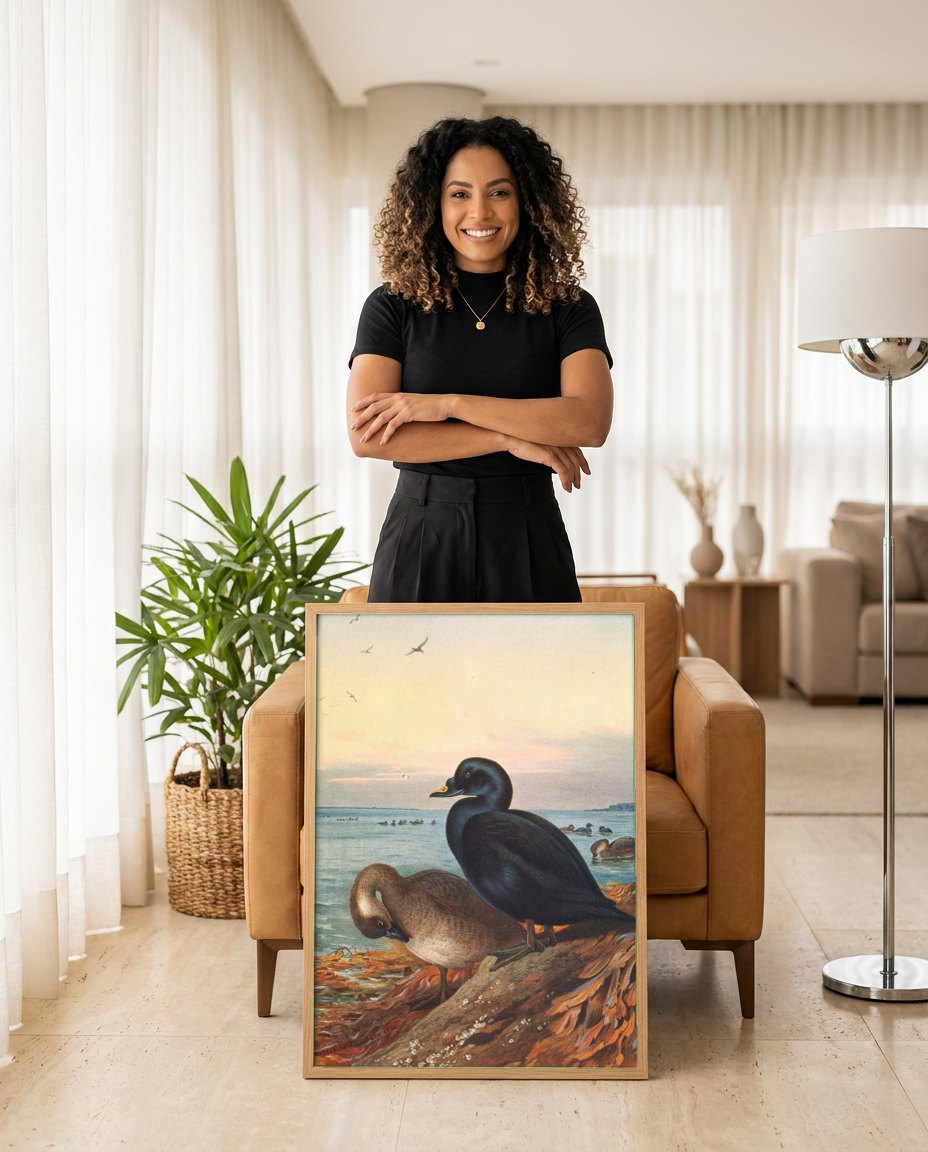 Quadro Decorativo Patos-Marinhos ao Entardecer - Thorburn | modelo apresentando o quadro emoldurado