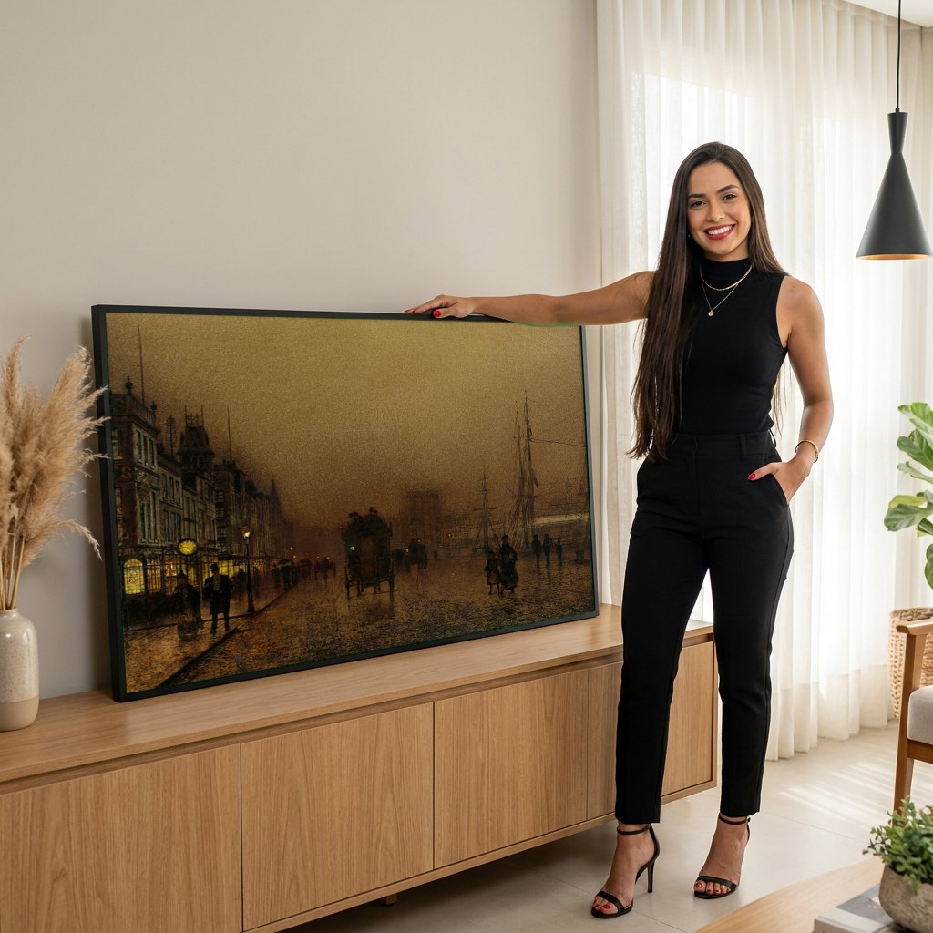 Quadro Decorativo Noite na Cidade Portuária - Grimshaw | modelo apresentando o quadro emoldurado