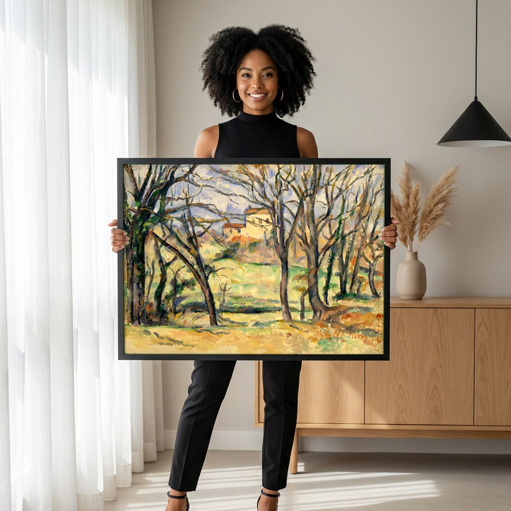 Quadro Decorativo A Casa Amarela (A Casa de Campo) - Paul Cézanne | modelo apresentando o quadro emoldurado