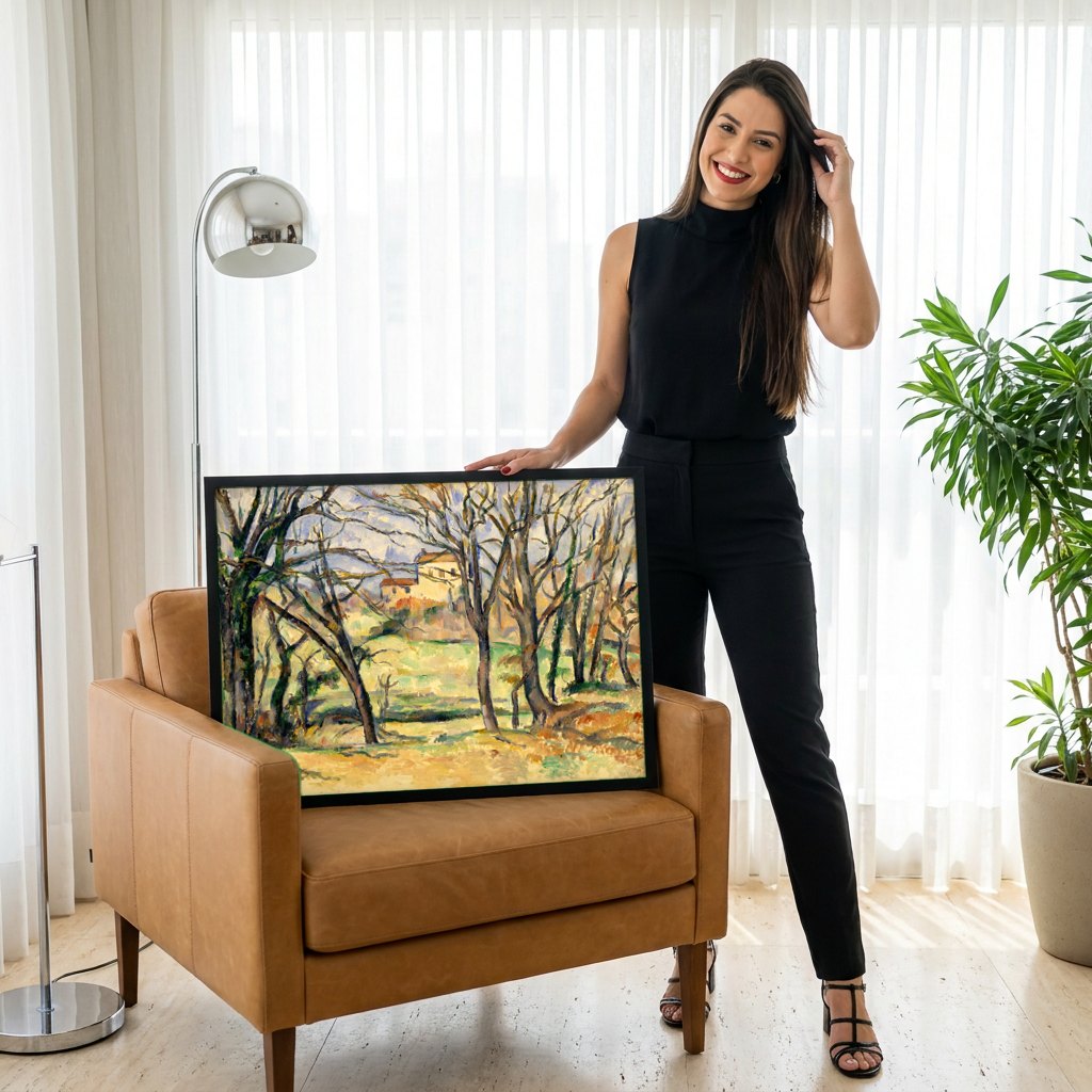 Quadro Decorativo A Casa Amarela (A Casa de Campo) - Paul Cézanne | modelo apresentando o quadro emoldurado
