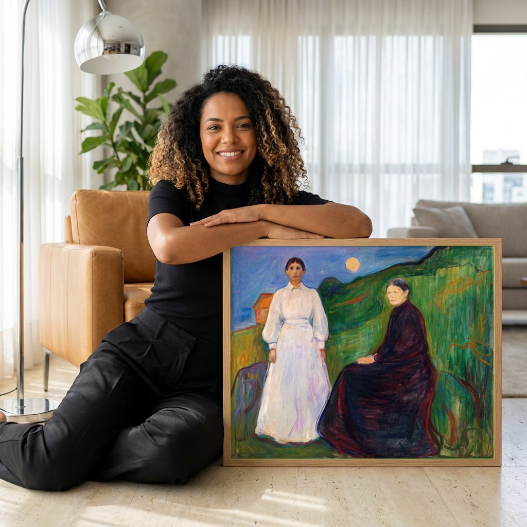 Quadro Decorativo Duas Mulheres na Praia - Edvard Munch | modelo apresentando o quadro emoldurado