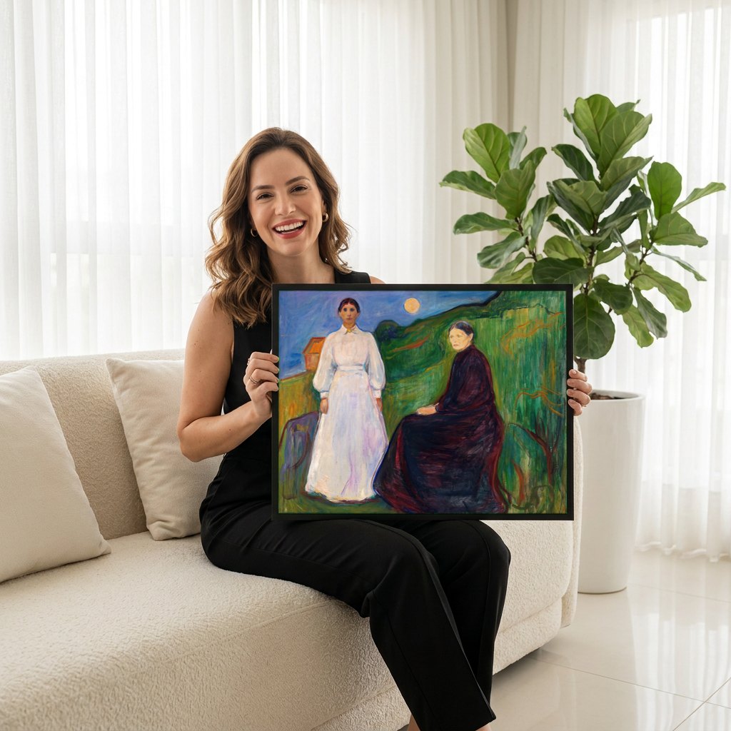 Quadro Decorativo Duas Mulheres na Praia - Edvard Munch | modelo apresentando o quadro emoldurado