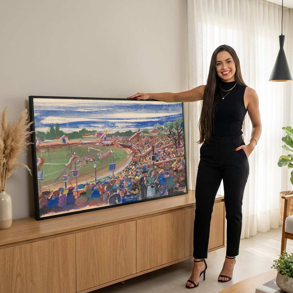 Quadro Decorativo Campo de Futebol Vibrante - Oskar Laske | modelo apresentando o quadro emoldurado