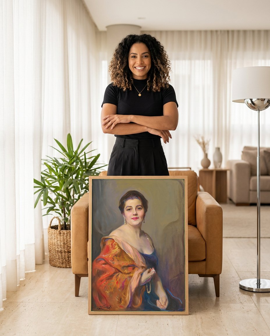 Quadro Decorativo Retrato Feminino Elegante - Philip Alexius de László | modelo apresentando o quadro emoldurado