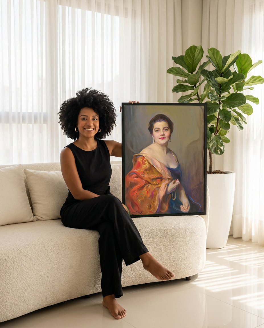 Quadro Decorativo Retrato Feminino Elegante - Philip Alexius de László | modelo apresentando o quadro emoldurado