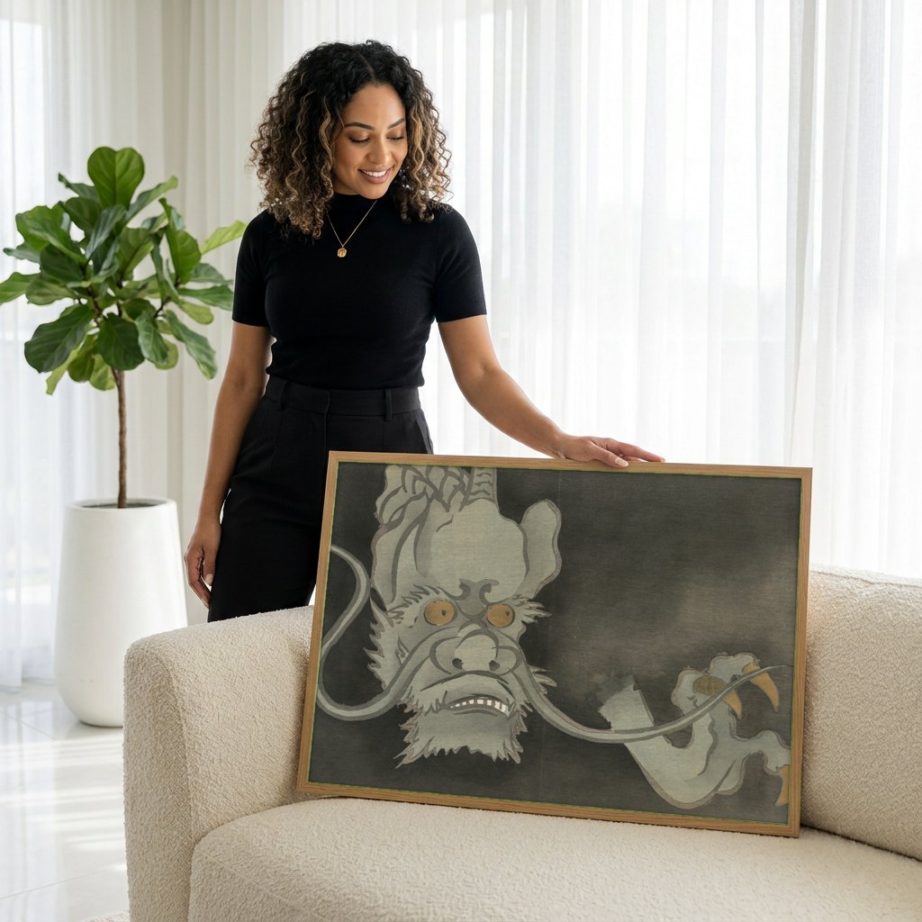 Quadro Decorativo Dragão do Mar - Kamisaka Sekka | modelo apresentando o quadro emoldurado
