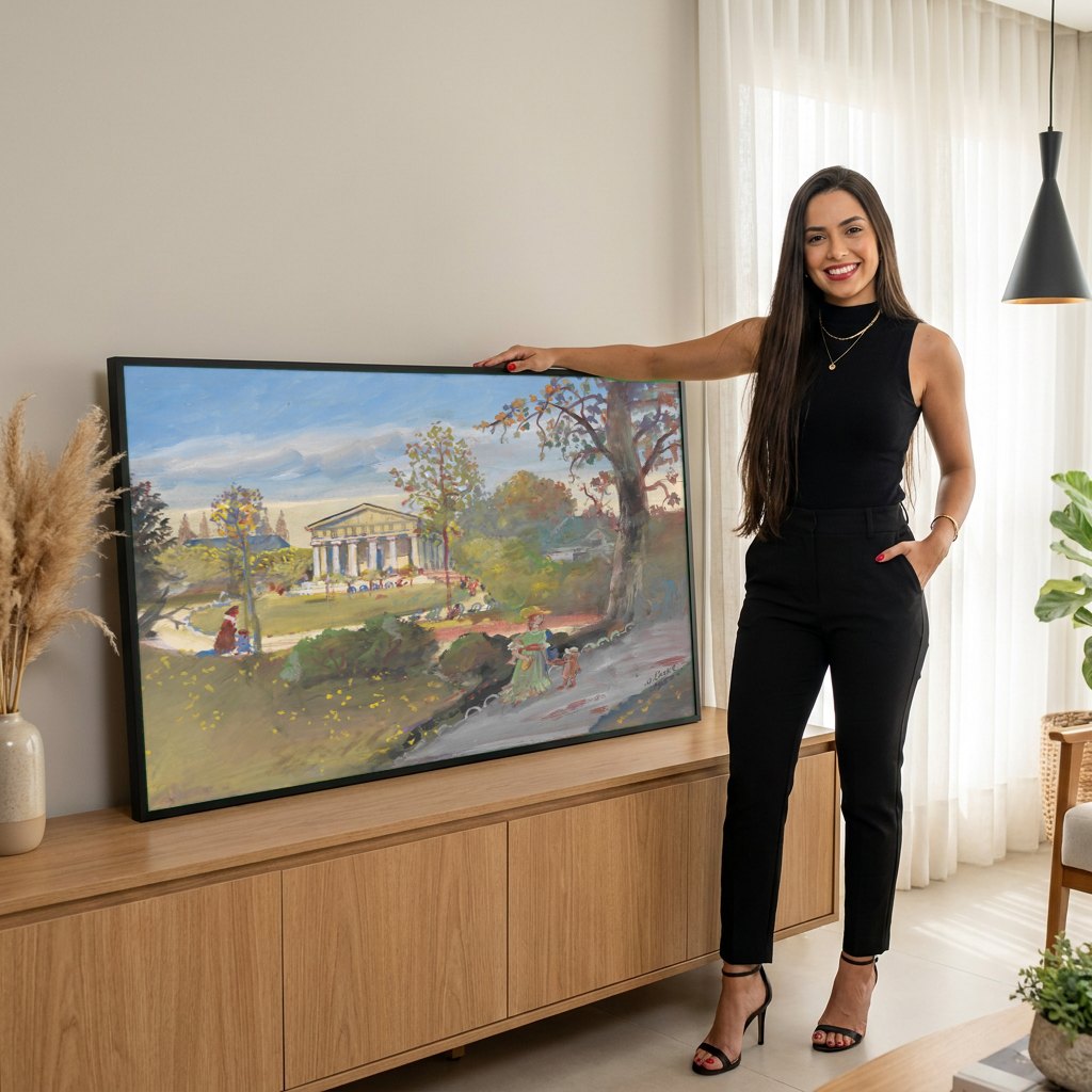 Quadro Decorativo Parque com Templo - Oskar Laske | modelo apresentando o quadro emoldurado