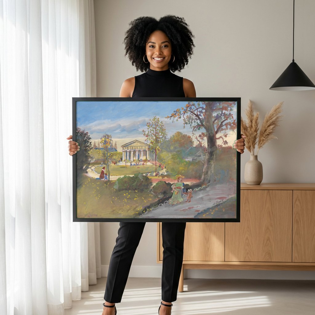 Quadro Decorativo Parque com Templo - Oskar Laske | modelo apresentando o quadro emoldurado