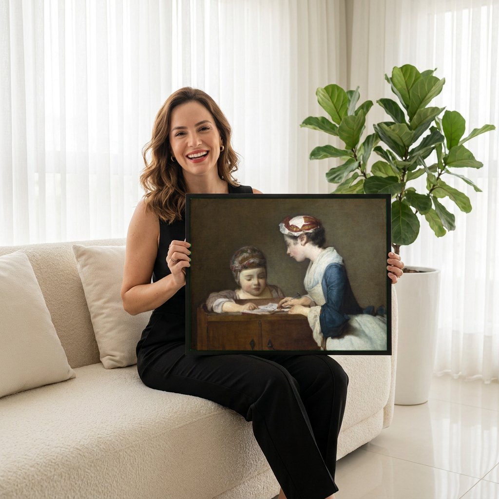 Quadro Decorativo A Jovem Professora - Jean Siméon Chardin | modelo apresentando o quadro emoldurado