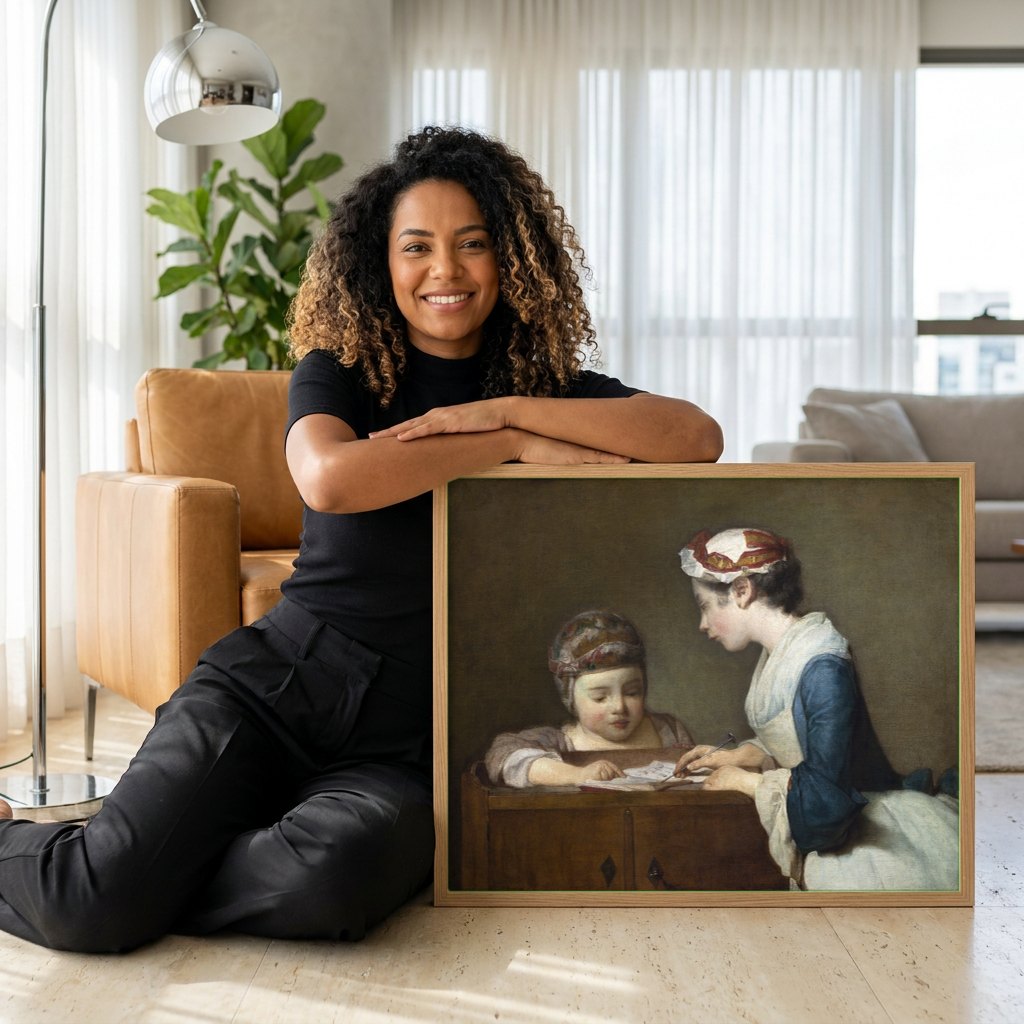 Quadro Decorativo A Jovem Professora - Jean Siméon Chardin | modelo apresentando o quadro emoldurado