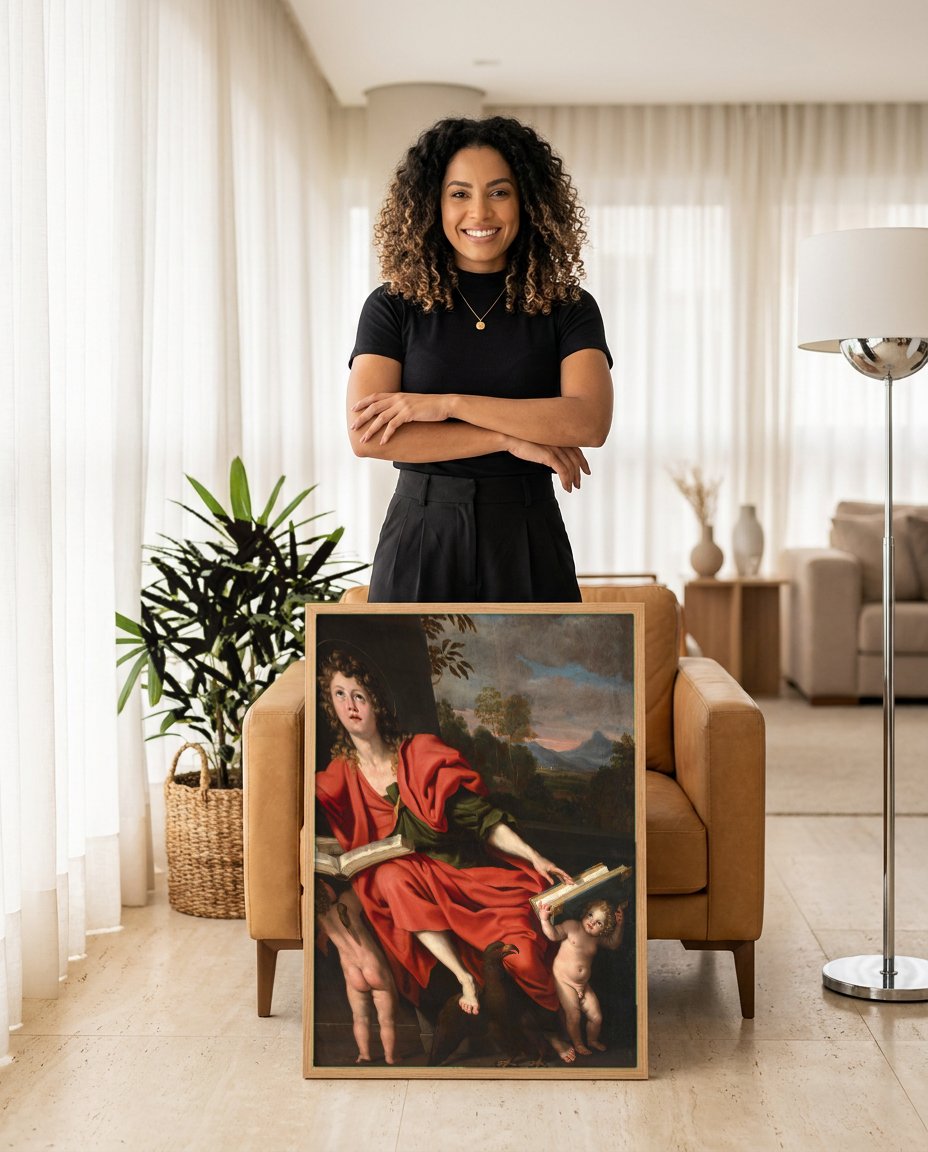 Quadro Decorativo São João Evangelista - Domenichino com modelo em ambiente