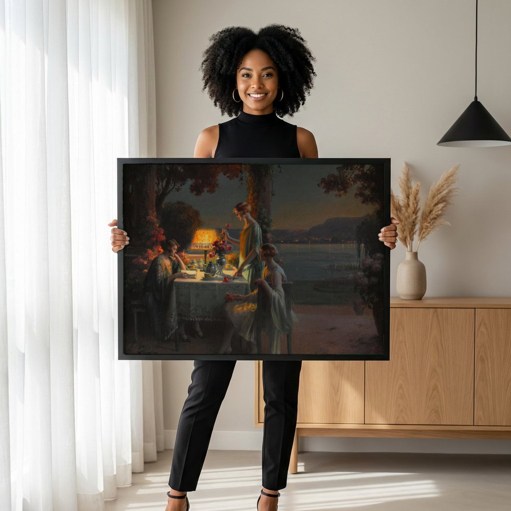 Quadro Decorativo Noite Serene com Chá - Delphin Enjolras com modelo em ambiente