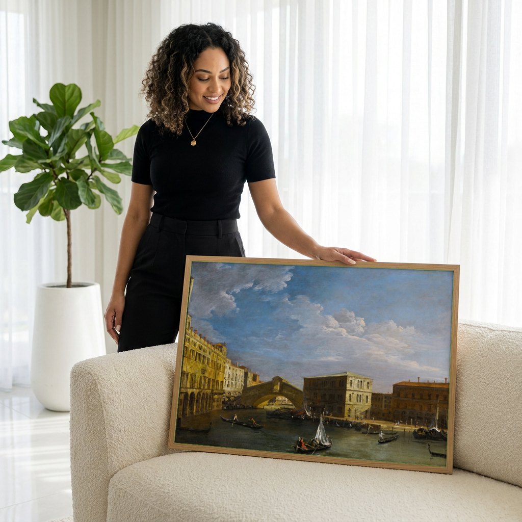 Quadro Decorativo A Ponte de Rialto - Canaletto | modelo apresentando o quadro emoldurado