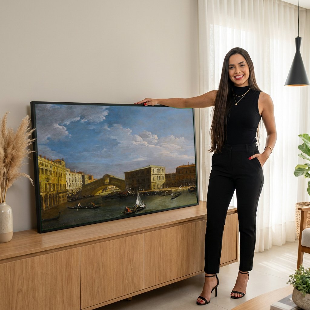 Quadro Decorativo A Ponte de Rialto - Canaletto | modelo apresentando o quadro emoldurado