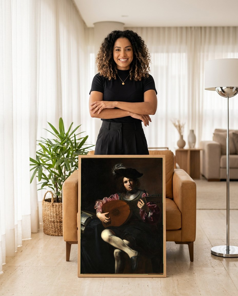 Quadro Decorativo O Tocador de Alaúde - Valentin de Boulogne | modelo apresentando o quadro emoldurado