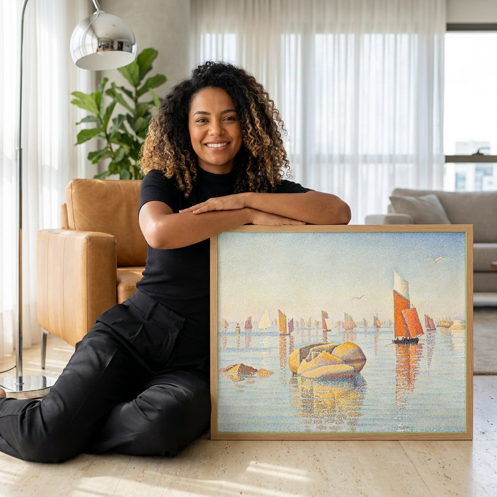Quadro Decorativo Porto com Barcos - Signac | modelo apresentando o quadro emoldurado