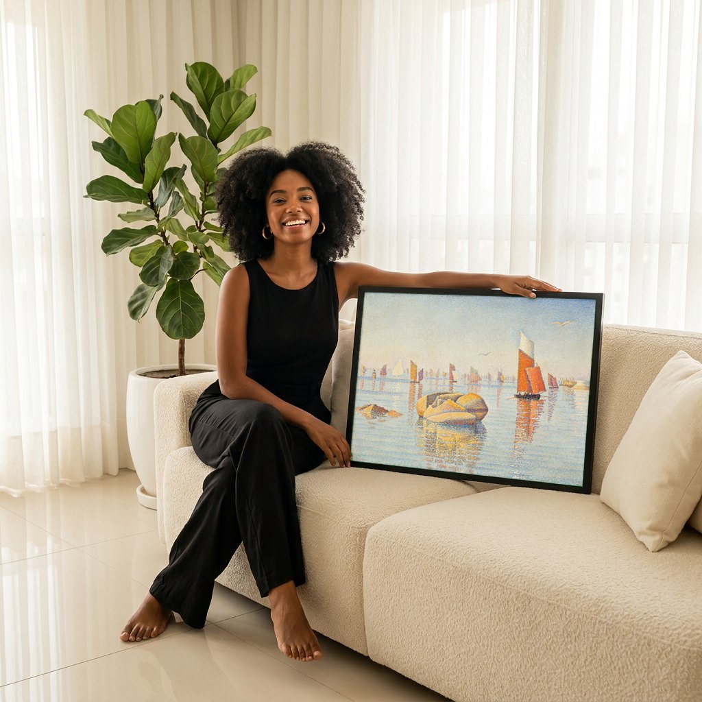Quadro Decorativo Porto com Barcos - Signac | modelo apresentando o quadro emoldurado