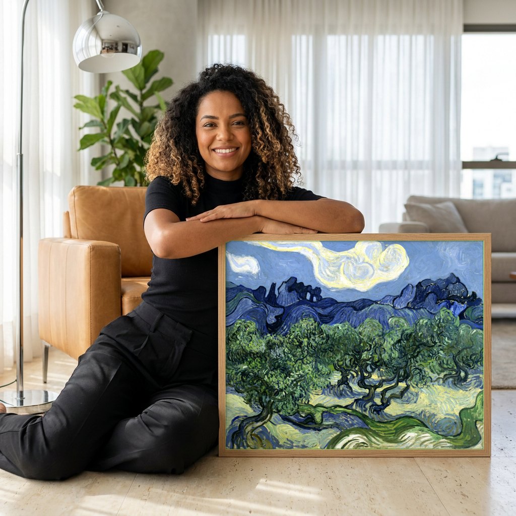 Quadro Decorativo Oliveiras com Montanhas - Van Gogh | modelo apresentando o quadro emoldurado