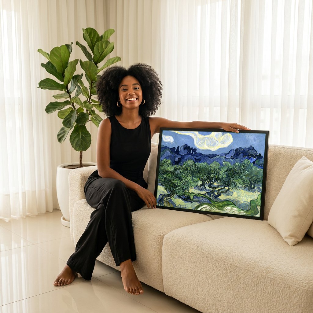 Quadro Decorativo Oliveiras com Montanhas - Van Gogh | modelo apresentando o quadro emoldurado