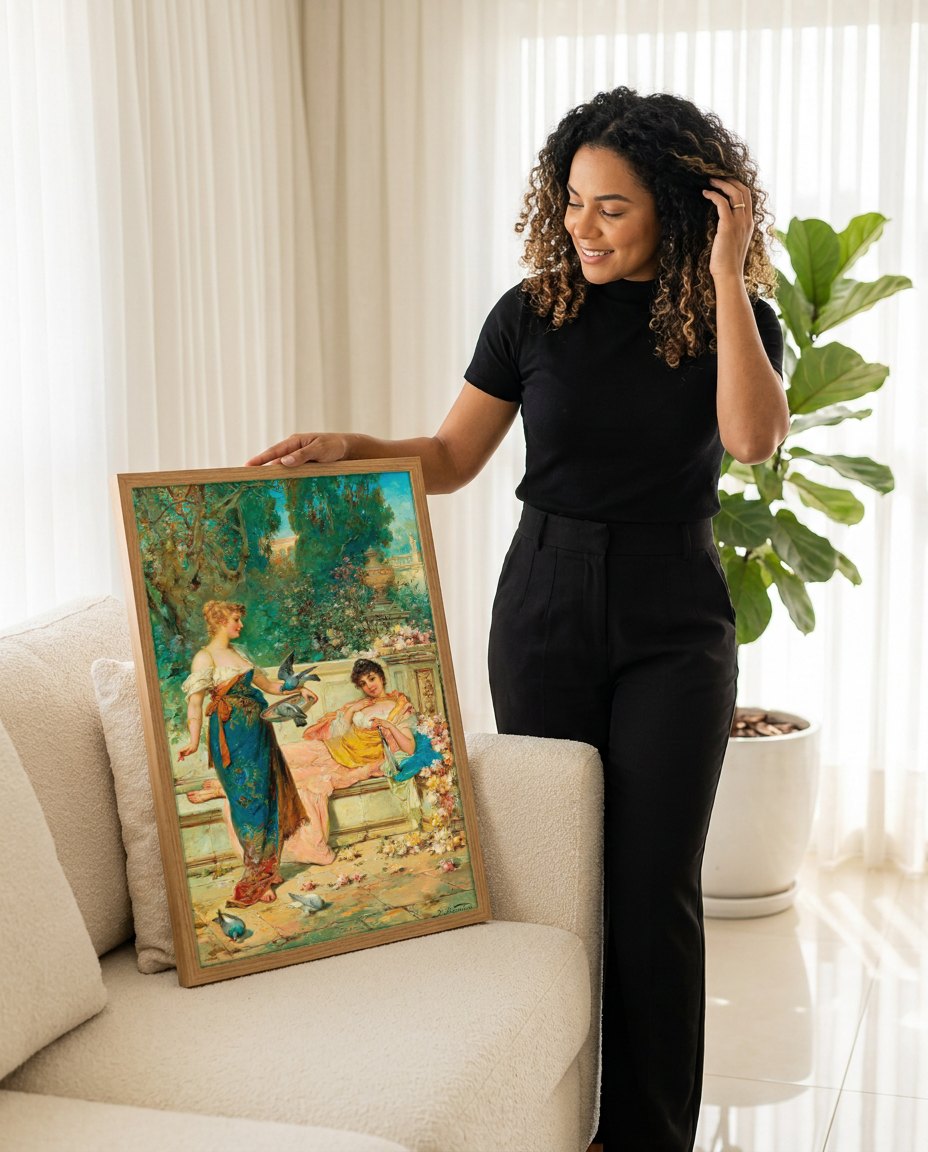 Quadro Decorativo A Oferenda - Hans Zatzka | modelo apresentando o quadro emoldurado