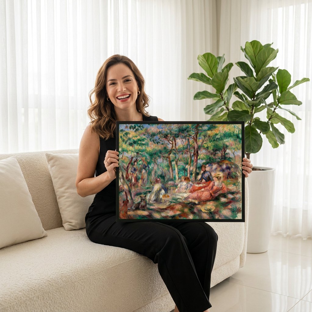 Quadro Decorativo Piquenique na Floresta - Renoir | modelo apresentando o quadro emoldurado