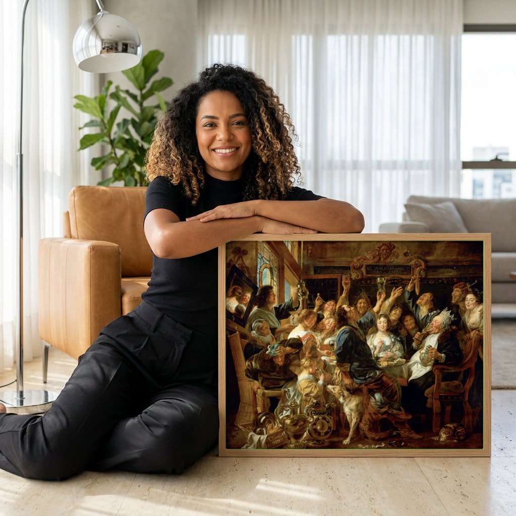 Quadro Decorativo O Rei Bebe - Jacob Jordaens | modelo apresentando o quadro emoldurado