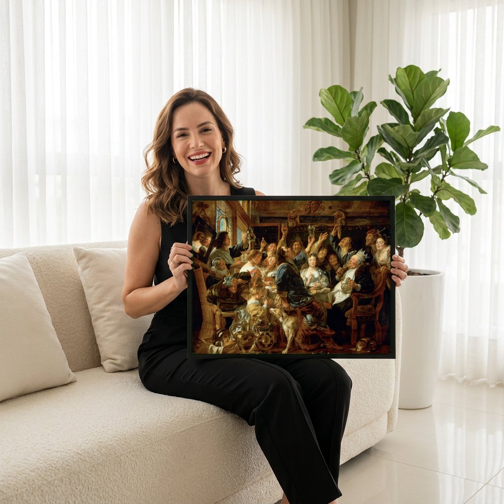 Quadro Decorativo O Rei Bebe - Jacob Jordaens | modelo apresentando o quadro emoldurado