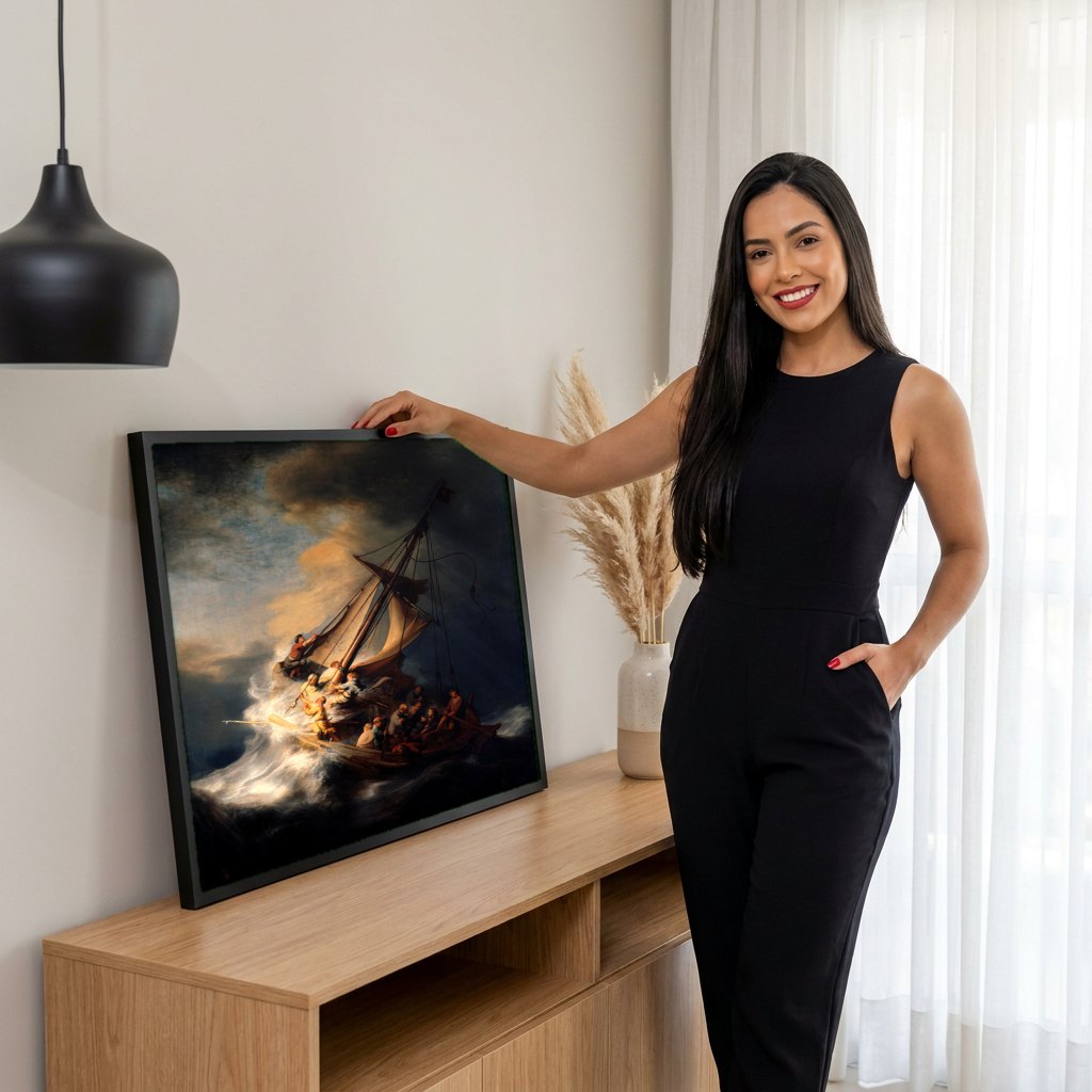 Quadro Decorativo A Tempestade no Mar da Galileia - Rembrandt | modelo apresentando o quadro emoldurado