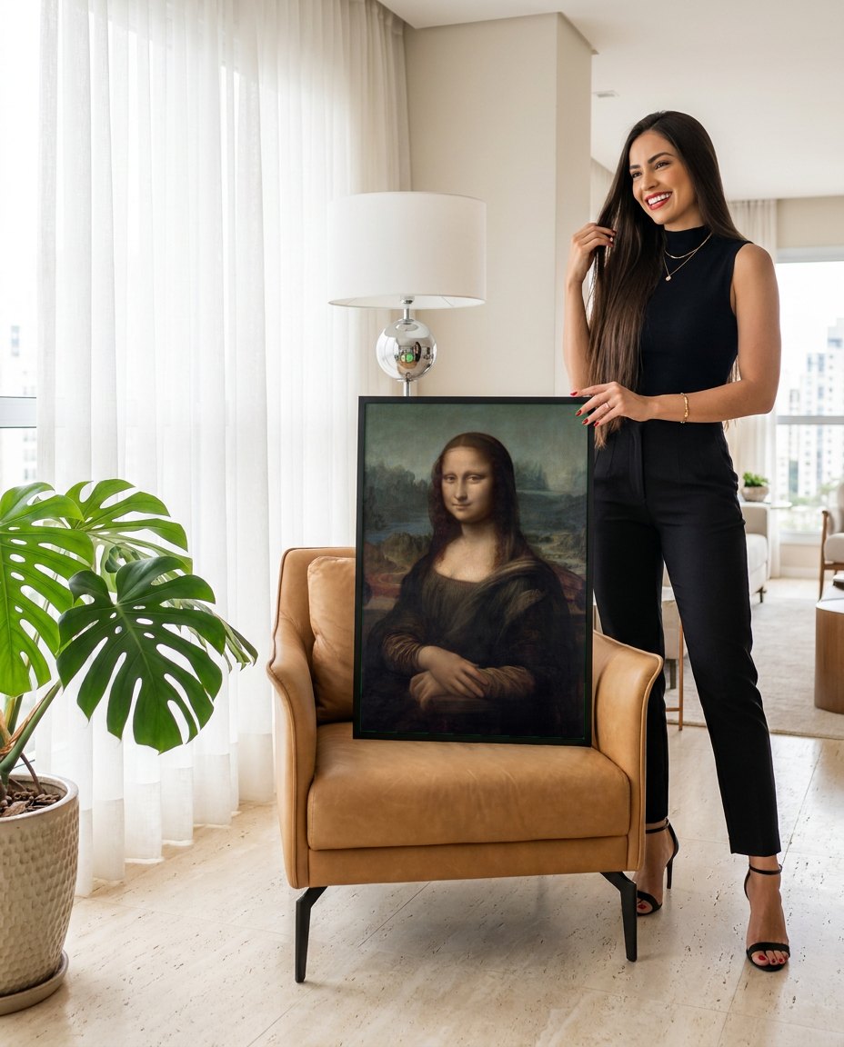 Quadro Decorativo Mona Lisa - Leonardo da Vinci | modelo apresentando o quadro emoldurado