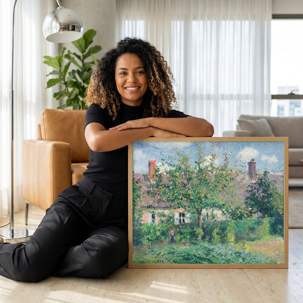 Quadro Decorativo Jardins em Pontoise - Camille Pissarro | modelo apresentando o quadro emoldurado