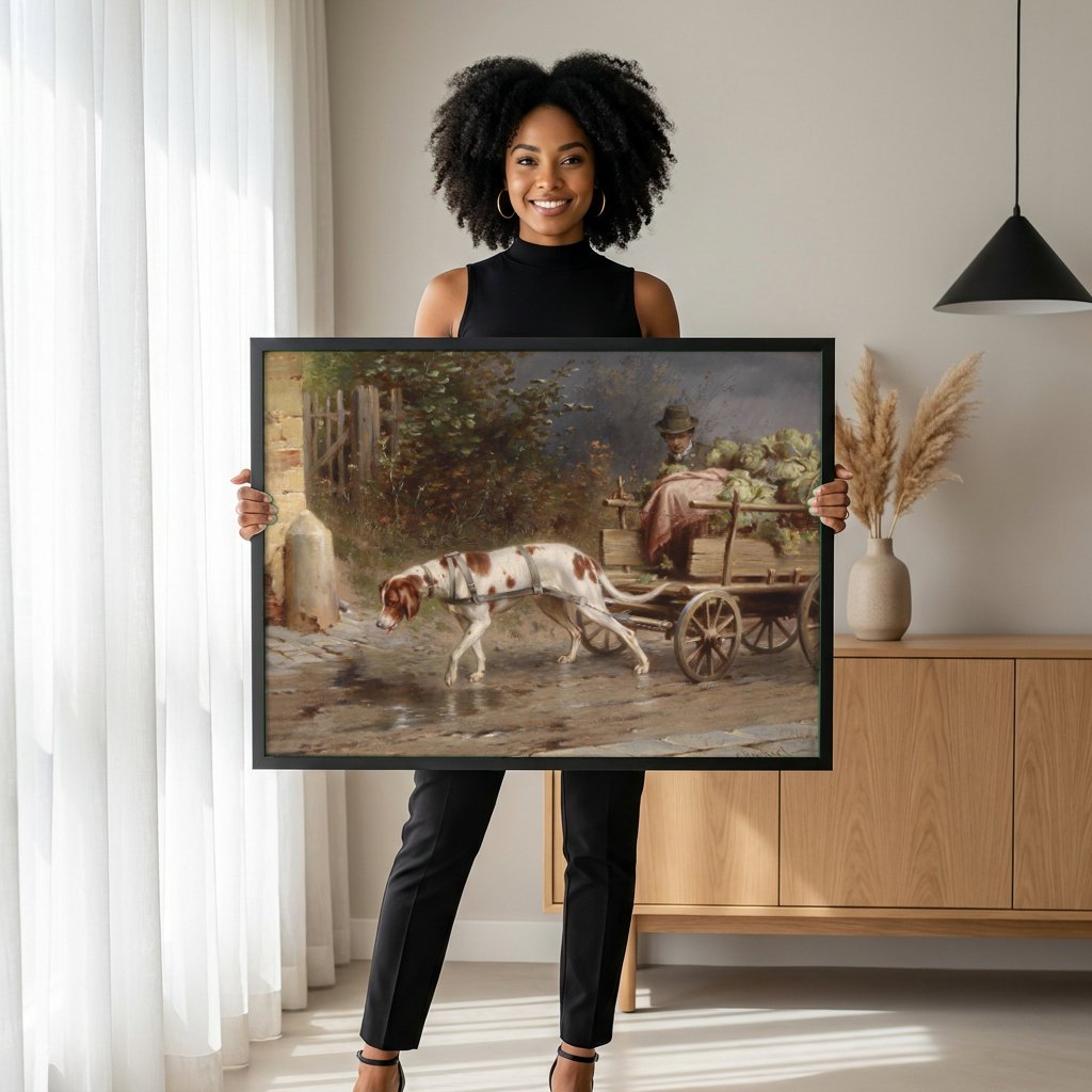 Quadro Decorativo Cão Atrelado à Carroça - Carl Reichert | modelo apresentando o quadro emoldurado