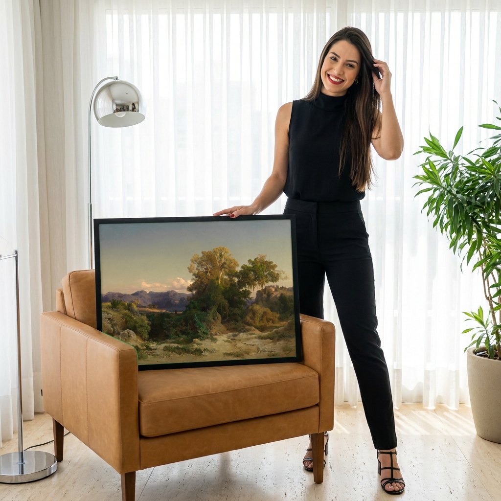 Quadro Decorativo Paisagem Mediterrânea - Arnold Böcklin | modelo apresentando o quadro emoldurado