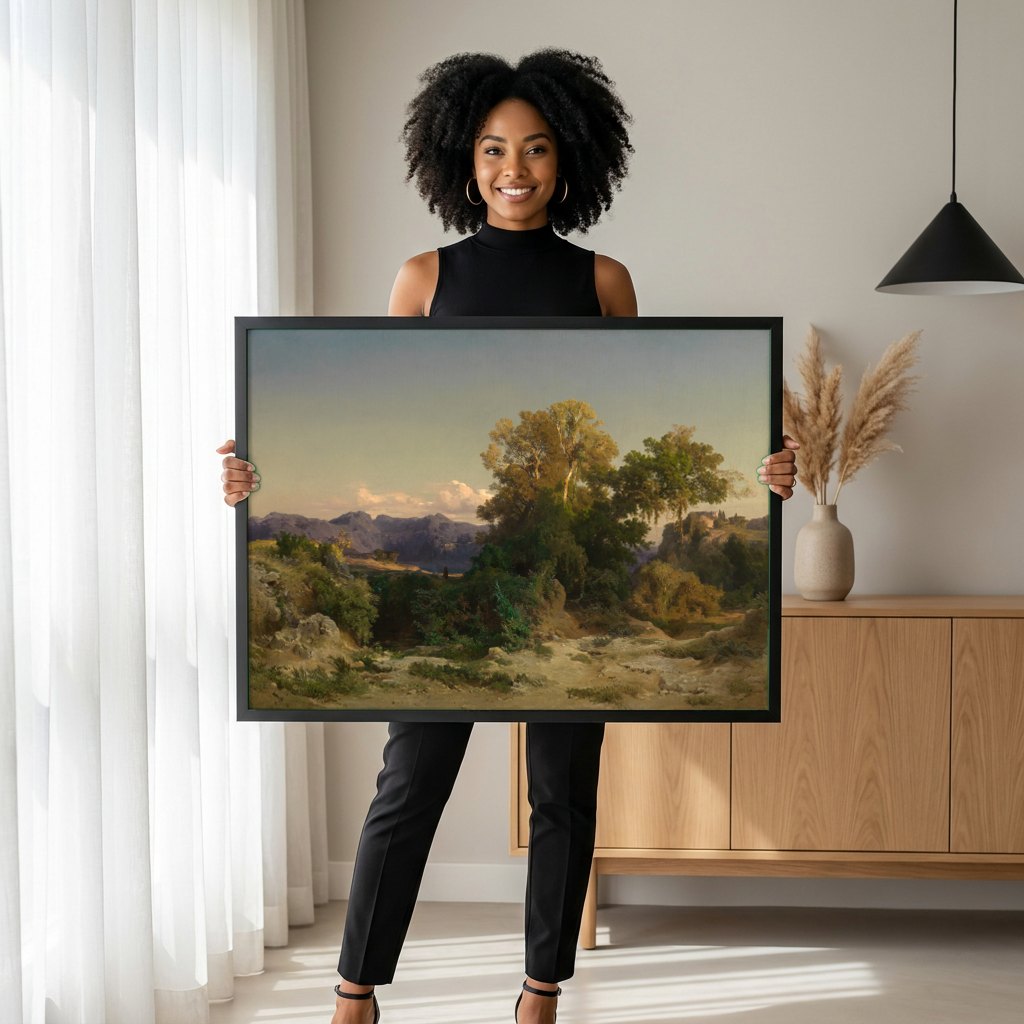 Quadro Decorativo Paisagem Mediterrânea - Arnold Böcklin | modelo apresentando o quadro emoldurado