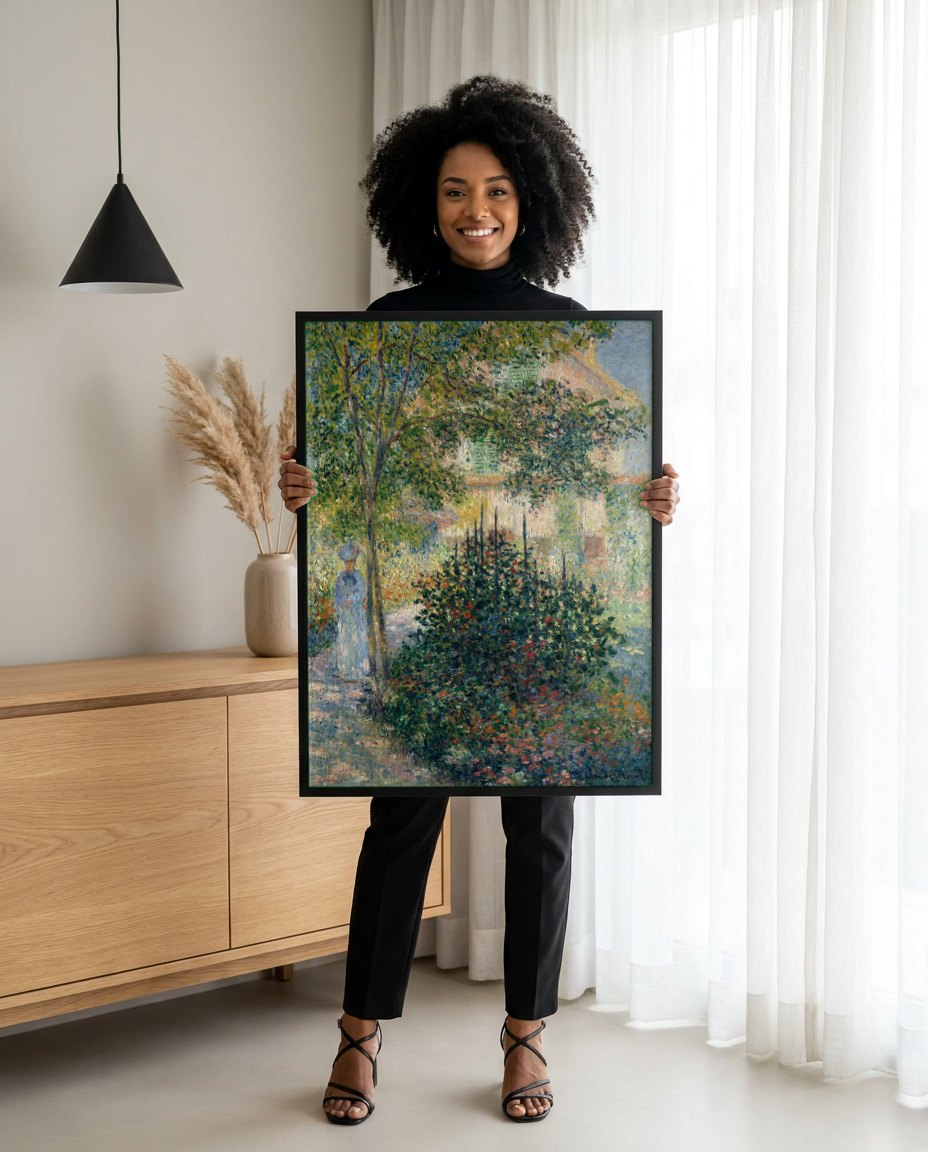 Quadro Decorativo Jardins em Giverny - Claude Monet | modelo apresentando o quadro emoldurado