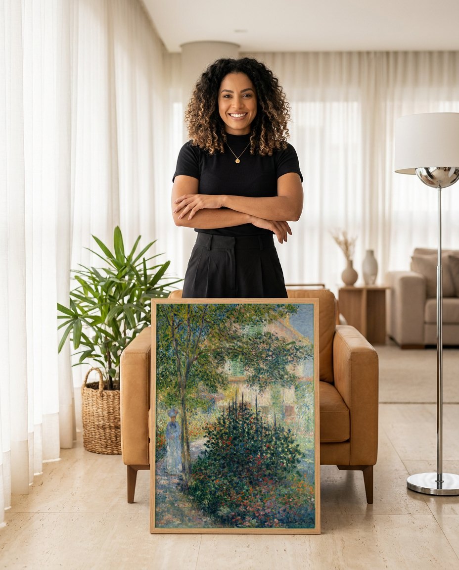 Quadro Decorativo Jardins em Giverny - Claude Monet | modelo apresentando o quadro emoldurado