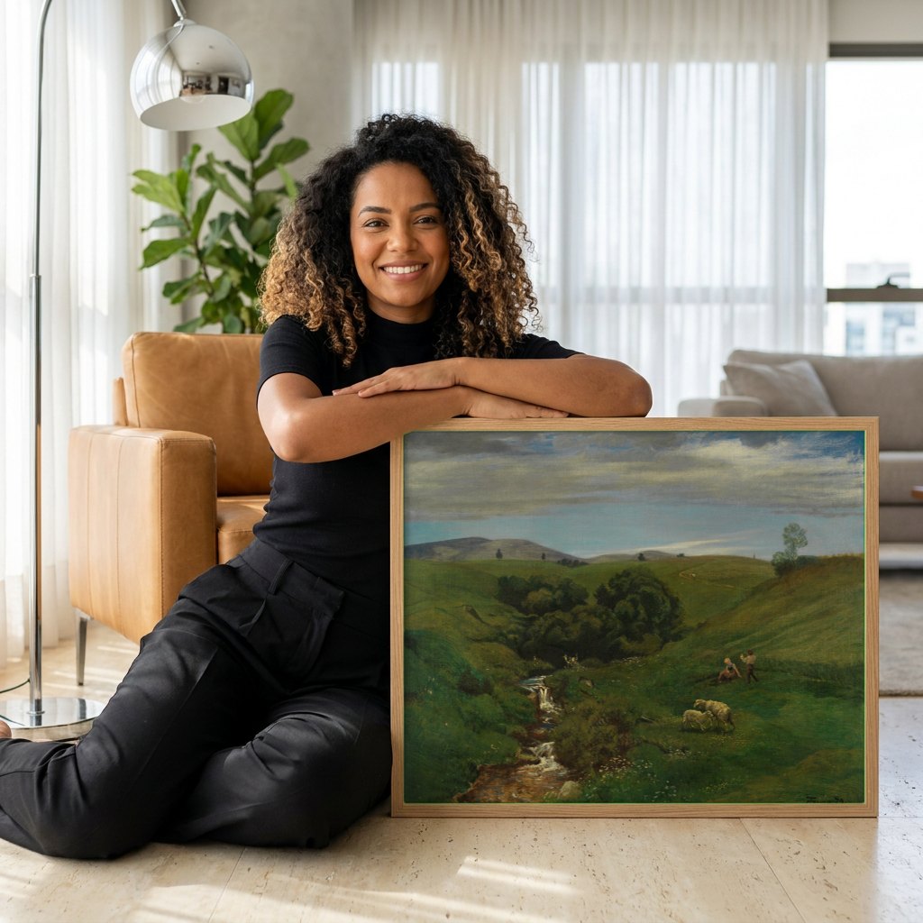 Quadro Decorativo Paisagem com Riacho - Hans Thoma | modelo apresentando o quadro emoldurado