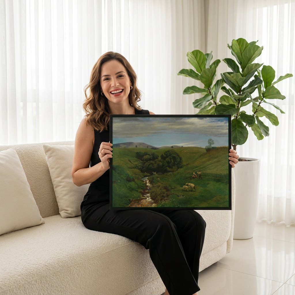 Quadro Decorativo Paisagem com Riacho - Hans Thoma | modelo apresentando o quadro emoldurado