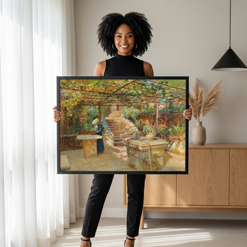 Quadro Decorativo Jardins com Pérgola - Marie Egner | modelo apresentando o quadro emoldurado