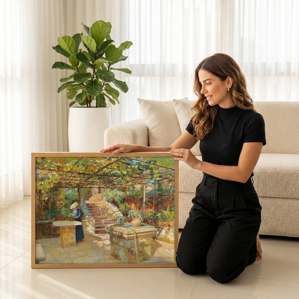Quadro Decorativo Jardins com Pérgola - Marie Egner | modelo apresentando o quadro emoldurado