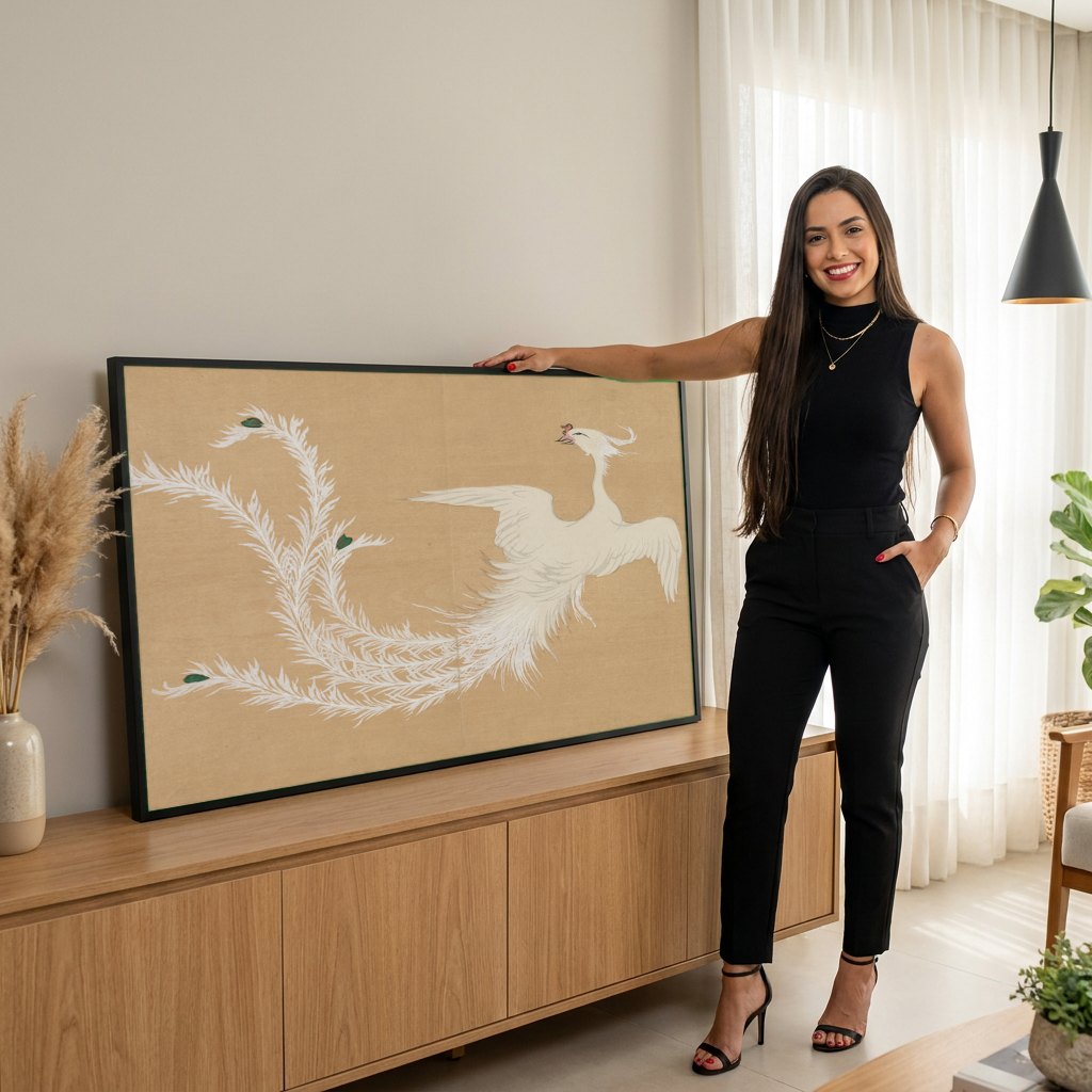 Quadro Decorativo Fênix Branca - Kamisaka Sekka | modelo apresentando o quadro emoldurado