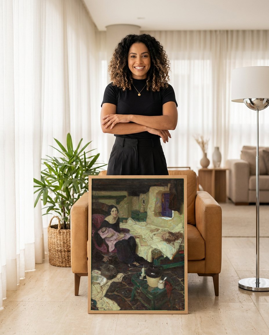 Quadro Decorativo Maternidade e Preocupação - Dean Cornwell | modelo apresentando o quadro emoldurado