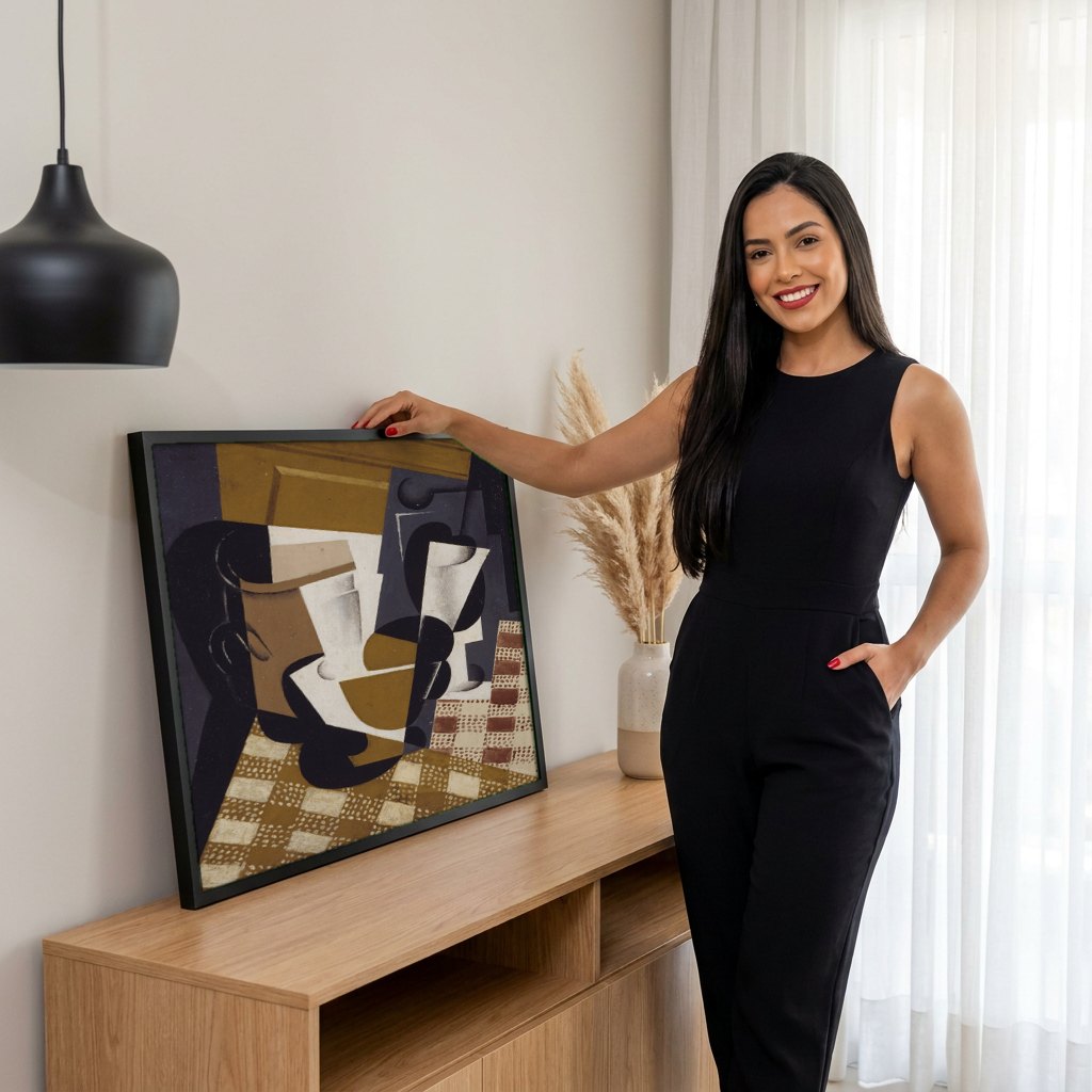 Quadro Decorativo Natureza-Morta Cubista - Juan Gris | modelo apresentando o quadro emoldurado