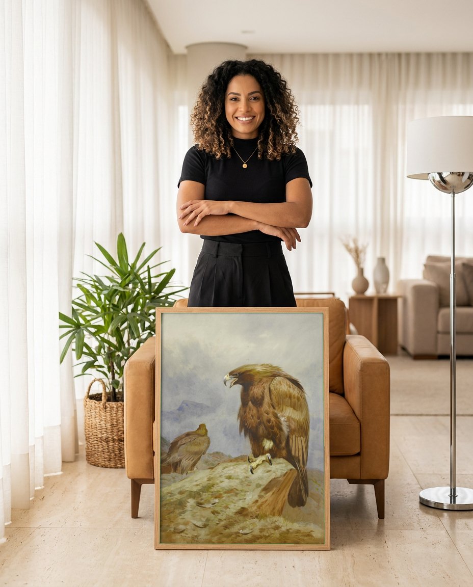 Quadro Decorativo Águias Reais nas Terras Altas - Thorburn | modelo apresentando o quadro emoldurado