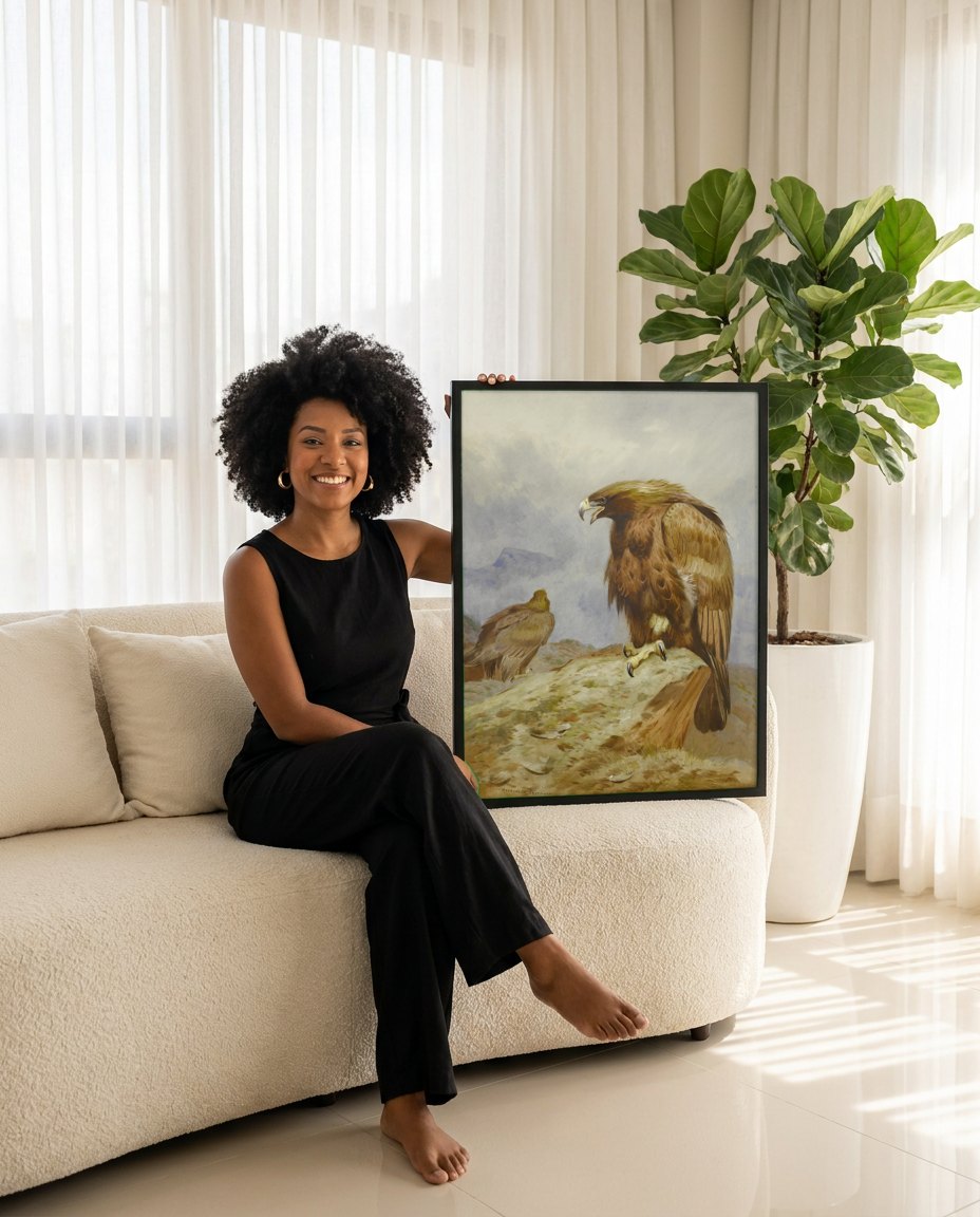 Quadro Decorativo Águias Reais nas Terras Altas - Thorburn | modelo apresentando o quadro emoldurado