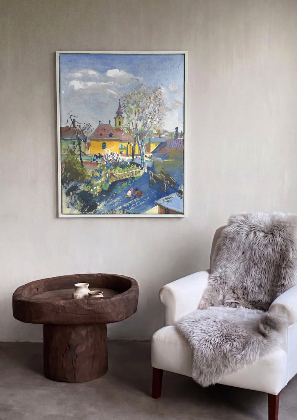 Quadro Decorativo 'Paisagem com Igreja e Crianças' - Oskar Laske em ambiente decorado