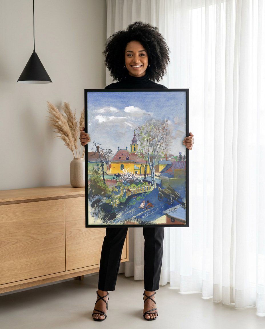 Quadro Decorativo 'Paisagem com Igreja e Crianças' - Oskar Laske com modelo em ambiente